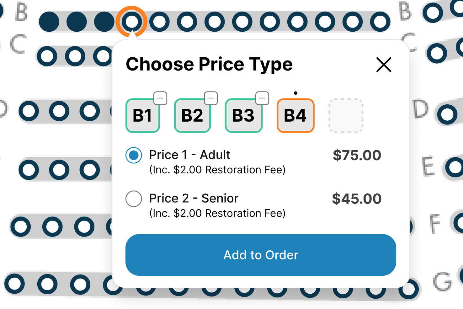 Mobile seat selection interface showing dual workflow support - users can select multiple seats then assign price types, or complete one seat at a time